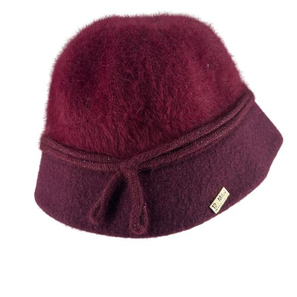 Nine West Maroon Wool Blend Rabbit Angora Bucket Hat Winter Cloche 12th man pin - Picture 3 of 7